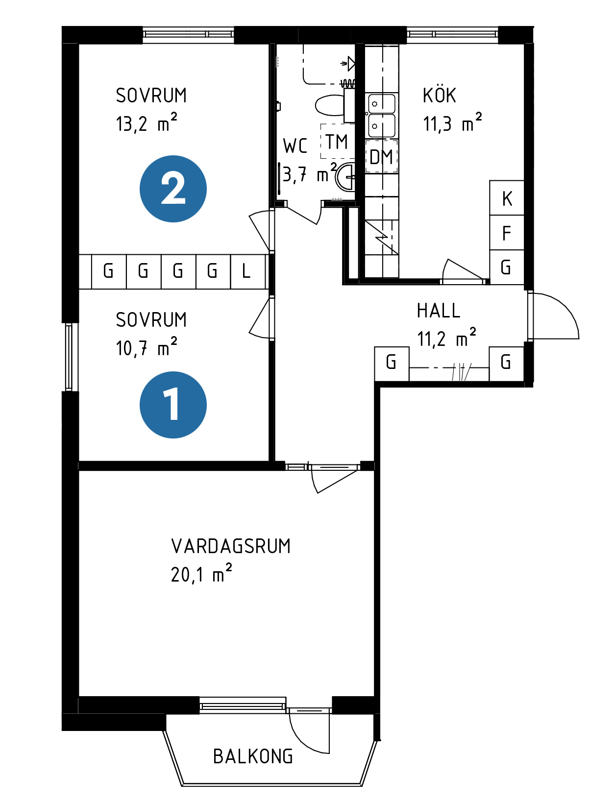 Planlösning lägenhet med utmärkta sovrum